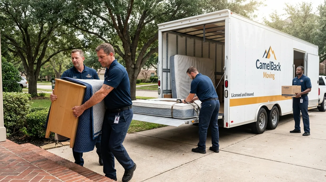 Crew loading residential truck for cross-state move from Desert Hot Springs, CA