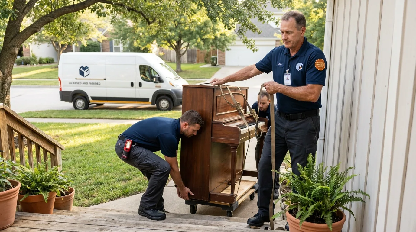 Licensed piano movers securing grand piano in Desert Hot Springs, CA