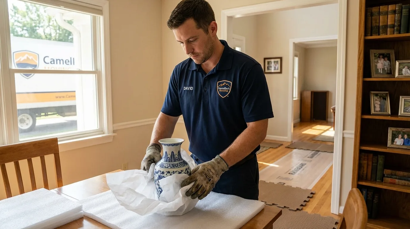 Professional crew carefully wrapping antique vase for senior downsizing move in Desert Hot Springs, CA